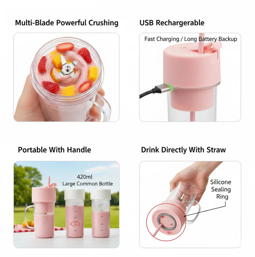Portable Crusher Juicer Blender (420ML) – USB Rechargeable Multi-Blade Smoothie Maker with Handle & Straw | Mini Fruit Mixer for Travel, Gym & Home