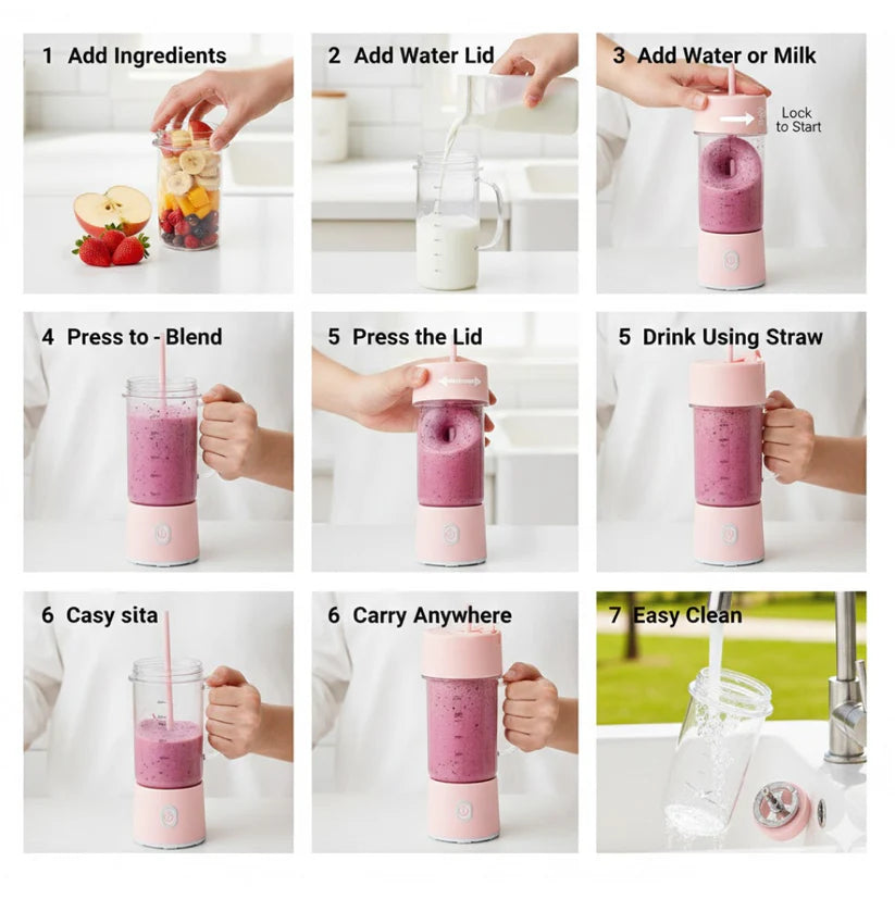 Portable Crusher Juicer Blender (420ML) – USB Rechargeable Multi-Blade Smoothie Maker with Handle & Straw | Mini Fruit Mixer for Travel, Gym & Home